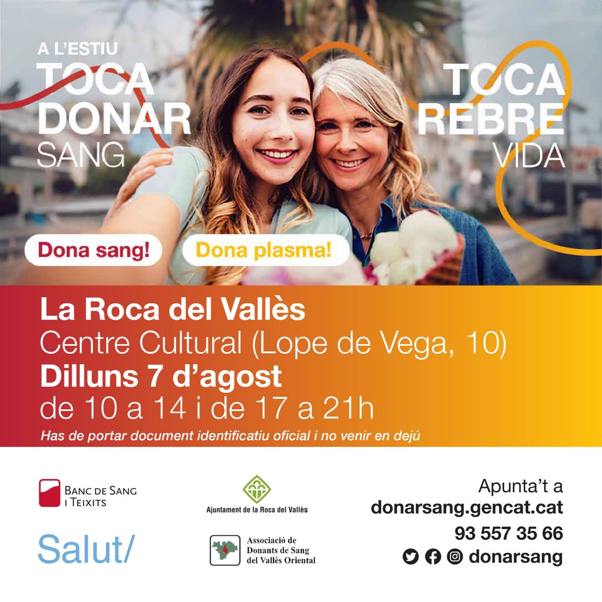 🩸 Donació de Sang a La Roca del Vallès 🩸Demà és el dia! Vine a fer la diferència i donar sang al Centre Cultural de La Roca del Vallès de 10 a 14 h i de 17 a 21 h. La teva contribució pot salvar vides. Cada contribució compta!

#DonacióDeSang #Solidaritat