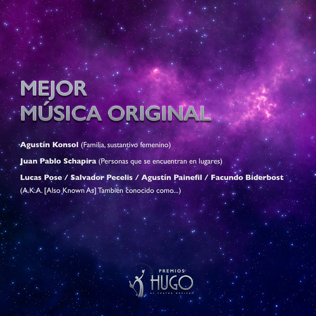 Nominaciones a MEJOR MÚSICA ORIGINAL
Premios Hugo Temporada 2022-2023

#premioshugo #teatromusical #teatro #espectaculos #premios #musichall #infantil #musical #off
#musicaltheatre #awards #shows