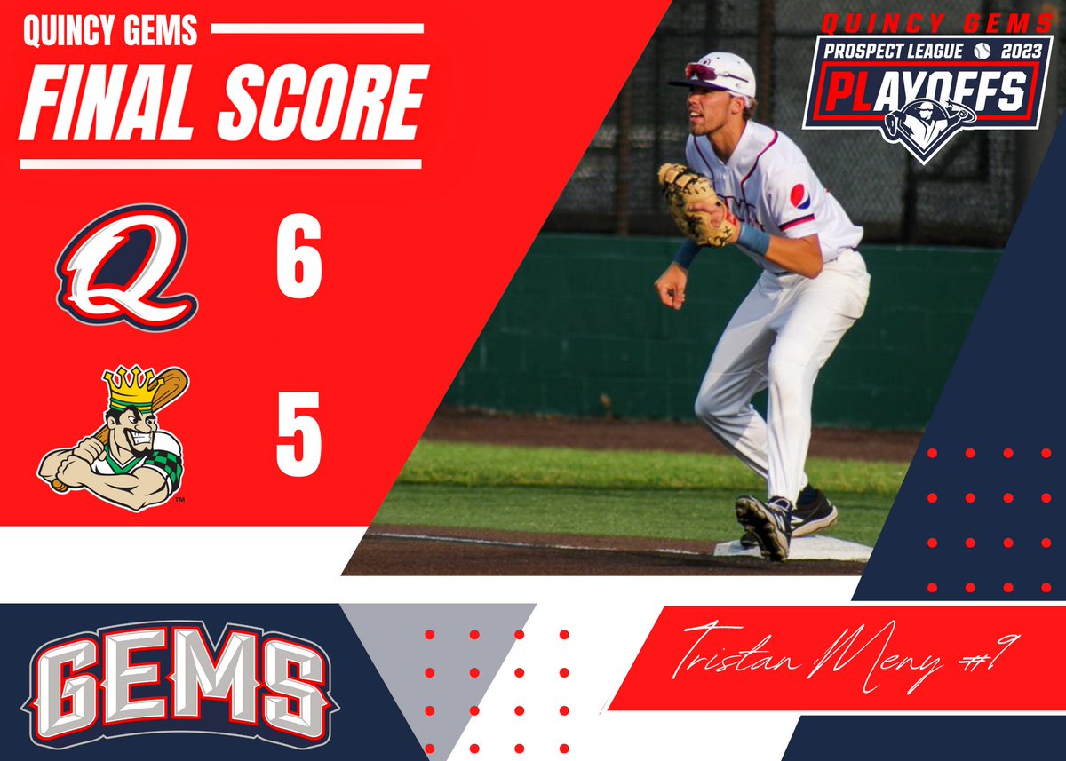 GEMS WIN! The Gems take this one with a nerve-wracking score of 6-5! The Gems will play again on Tuesday, August 8th, against the winner of the Prairieland Division. Congratulations to your Great River Division champions, The Quincy Gems! 💎⚾

#GEMPIRE