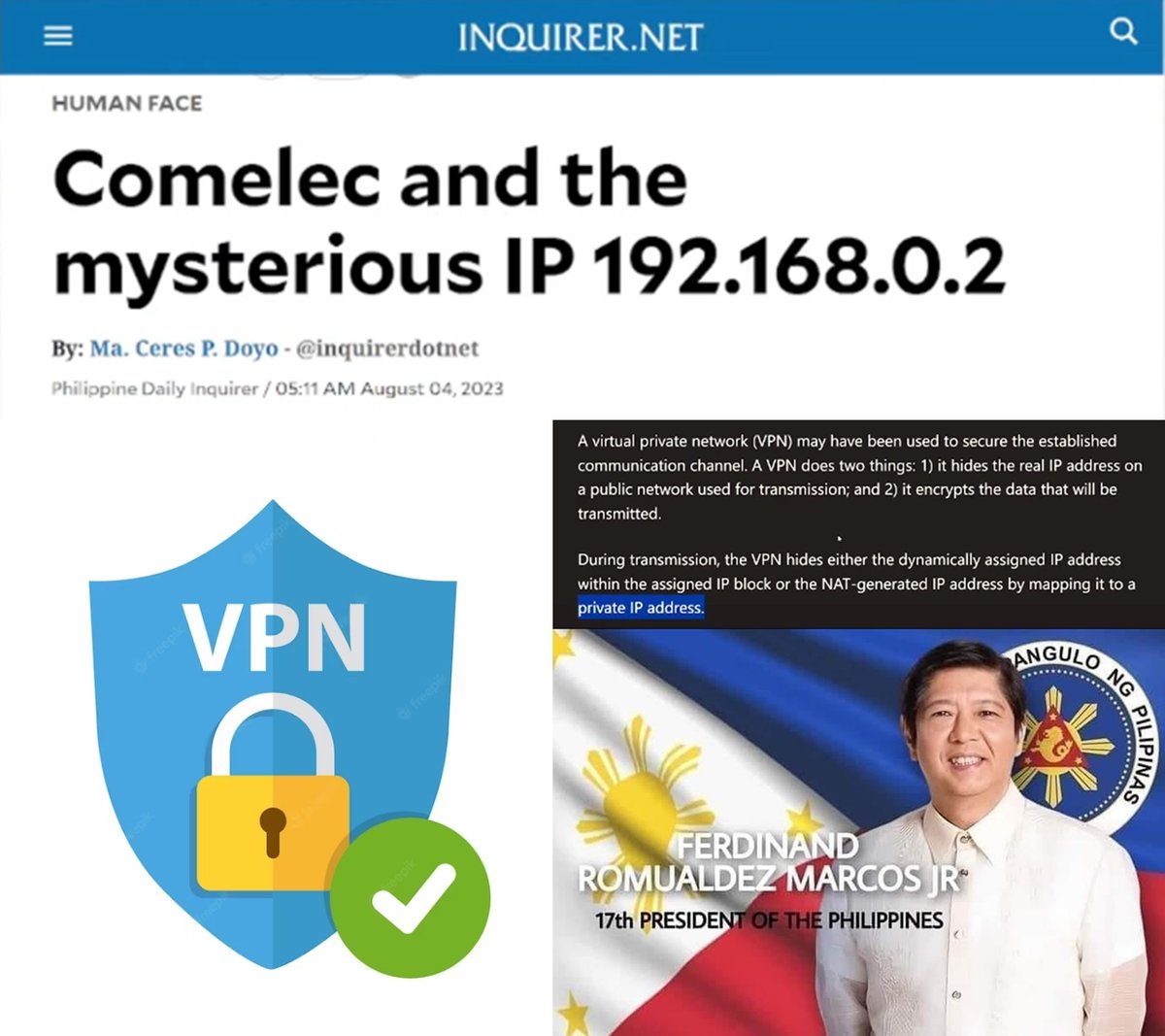 MrWinwineklabu's tweet photo. The Comelec used a Virtual Private Network (VPN). 

VPN hides the Comelec's true IP address, preventing the system from being hacked. The identified IP address 192.168.0.2 is a result of VPN. 

To Kakampinks: If you think the election was rigged, file an electoral protest. https://t.co/gfMQNUorBr
