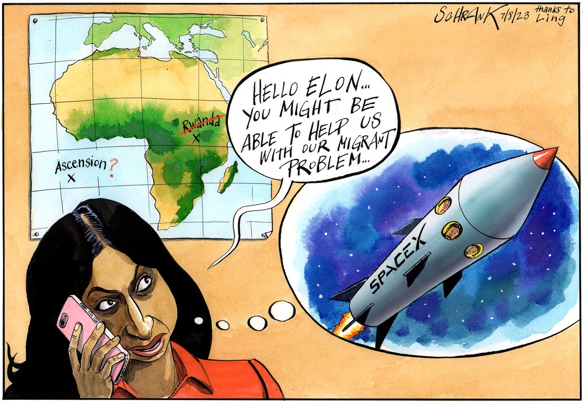schrankartoons's tweet photo. My #cartoon for @thetimes of 7/8/23...apparently the plan to send migrants to Ascension Island is back on. These people have no shame. #SuellaBraverman #Rwanda #migrants #RefugeesWelcome #ElonMusk #SpaceX #Refugee #Migration https://t.co/XNHFIeCHaG