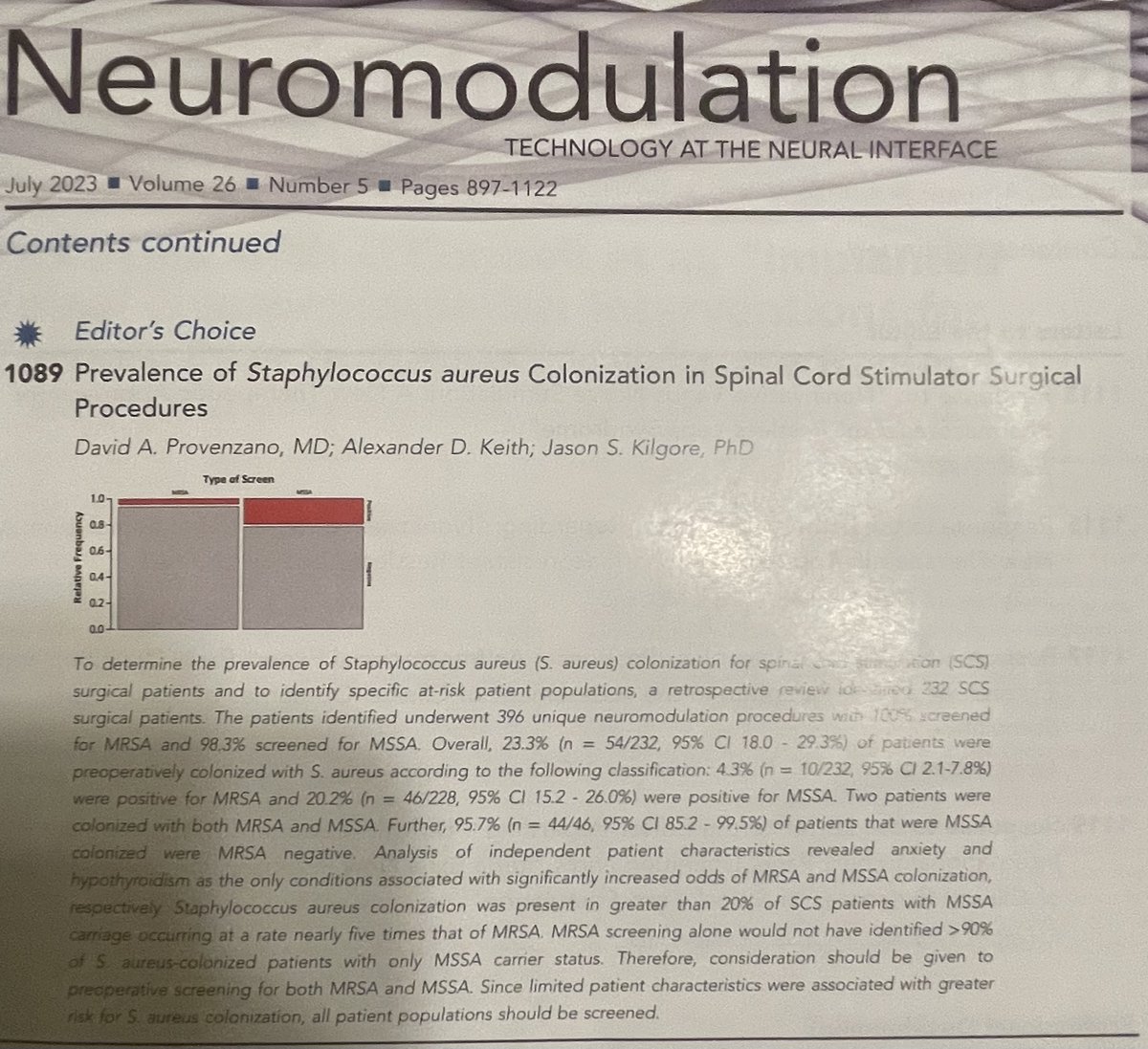 Grateful that our work (Dr. Kilgore and Alexander Keith) on Staphylococcus aureus colonization was chosen as an Editor’s choice in the Neuromodulation journal. Hopefully, the article spreads awareness on the importance of screening. sciencedirect.com/science/articl…