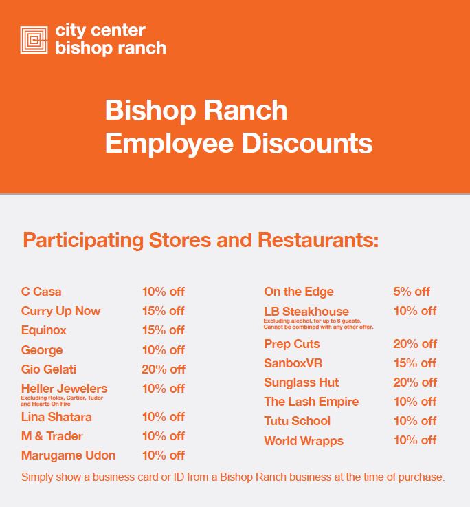 If you’re riding BR Express to work @bishopranch , then these deals are for you. Show your Bishop Ranch ID or business card to take advantage of the savings!