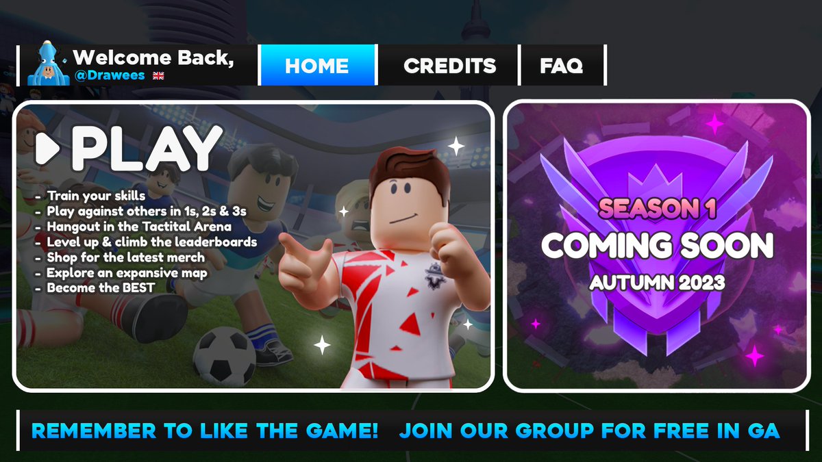 Main Menu UI For  <a href="/TacticalTriumph/">Tactical Triumph</a>

Part of TRS: Supersoccer!
A modern yet cartoony feel, this games UI is forever evolving, a pleasure to work on! 👀✨

Check it out here:
roblox.com/games/95059508…

Retweets and likes appreciated! 💙 

#Roblox | #RobloxDev | #RobloxGFX | #UI