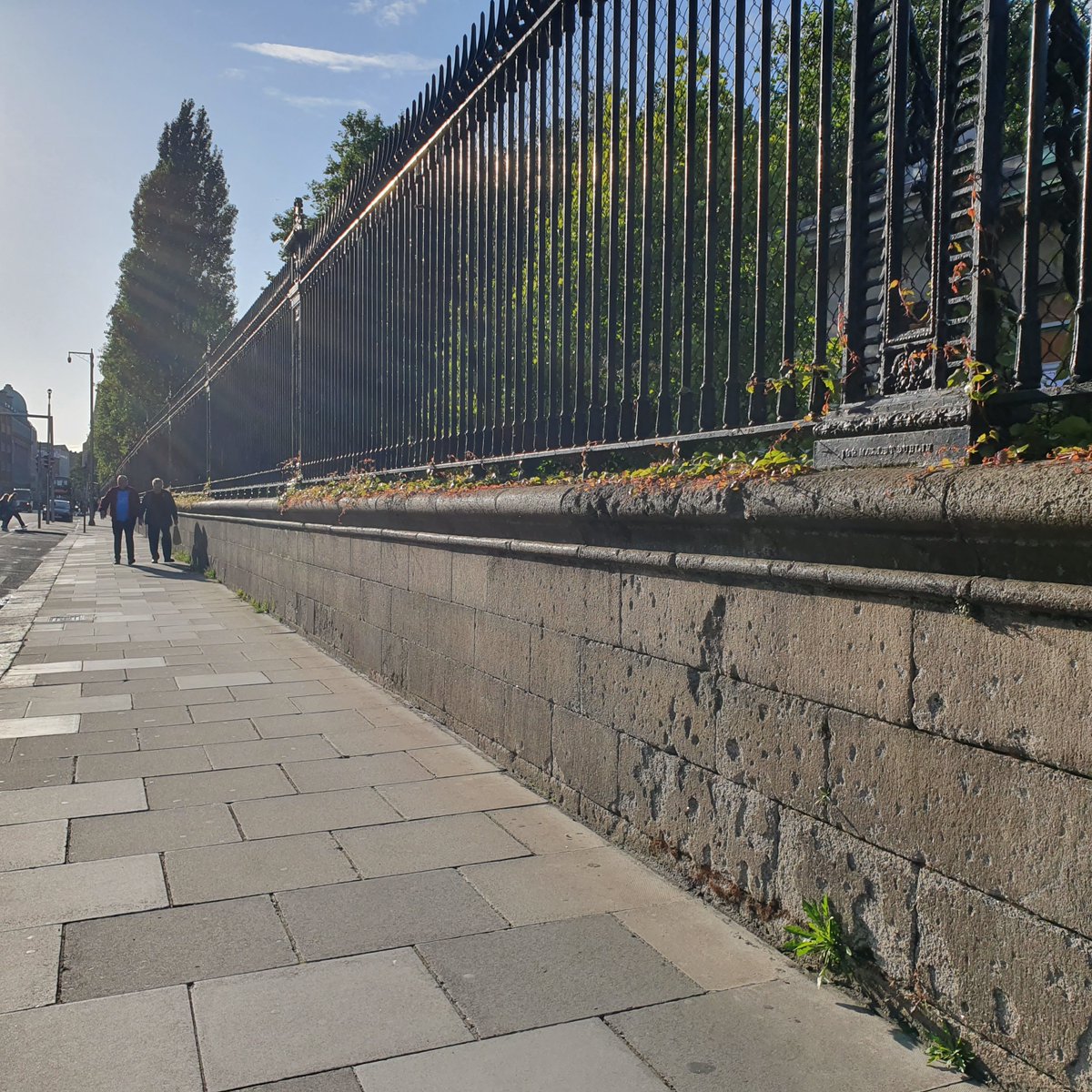 Monday this week I was walking on Nassau Steet towards Merrion Square on the footpath along Trinity's wall/railing. It was heading for seven in the evening, the sun was on my back and I was looking at the lower granite courses. The wall has lots of little flaws...