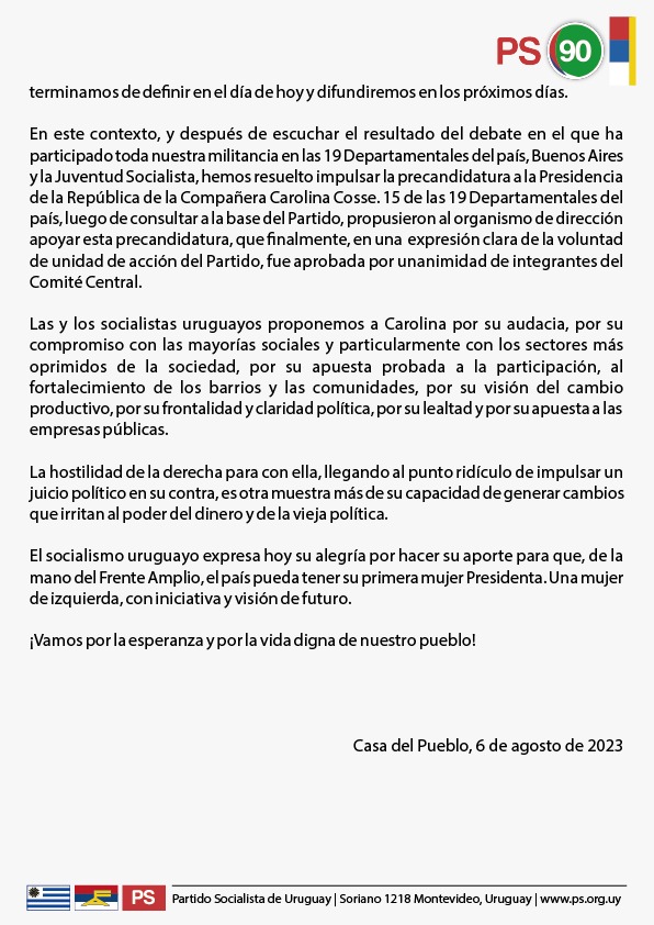 Declaración del Comité Central de <a href="/Socialistas90/">Partido Socialista</a> del 6 de agosto del 2023.
