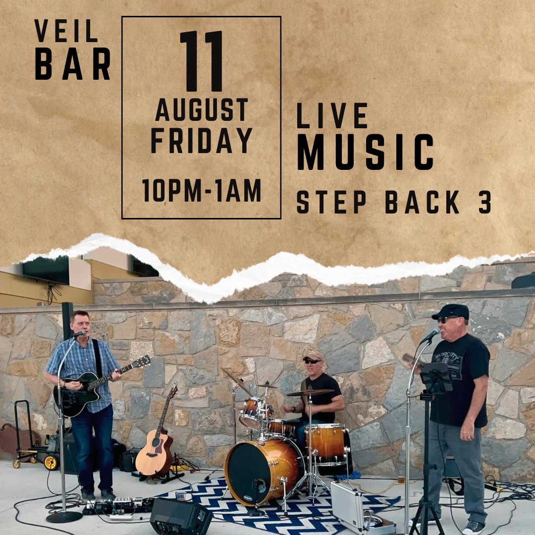 EldoradoScioto's tweet photo. 🎶 Get ready to groove the night away with Step Back 3 at the Veil Bar! 🎤✨ Join us this Friday, August 11 from 10pm-1am for an unforgettable live music experience! 🎶🍻 #StepBack3 #LiveMusic #VeilBar #FridayVibes https://t.co/VicueyMpTO