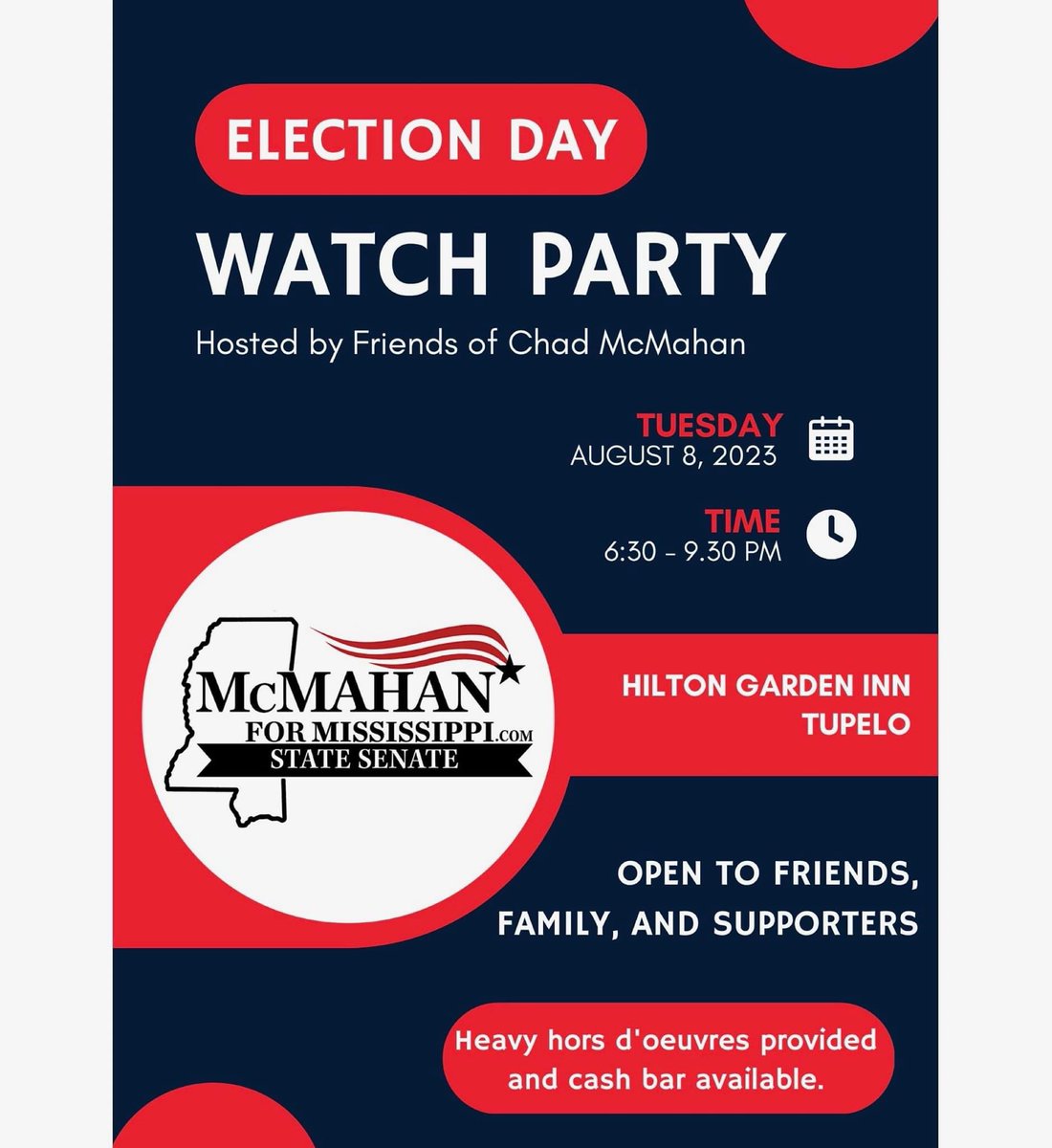 Join us for our Election Night Watch Party at the Tupelo Hilton Garden Inn.

Doors open at 6:30pm.  Friends, family and supporters are invited.