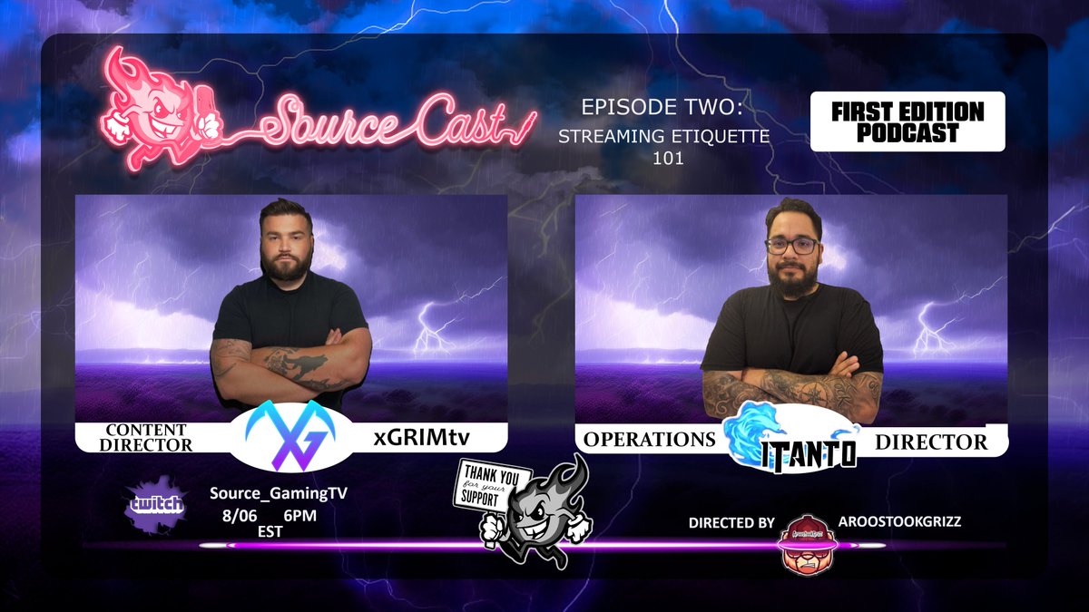 SourceGamingTV's tweet photo. We're Live with your Hosts @iTanto_ & @xGrimTV for SourceCast's episode 2 "Streamer Etiquette" and Q&A! Come tune in 🔥 Directed by @aroostookg!
#SourceCast #SourceGaming #PodcastSeries #esports https://t.co/Cxb8cOiLig