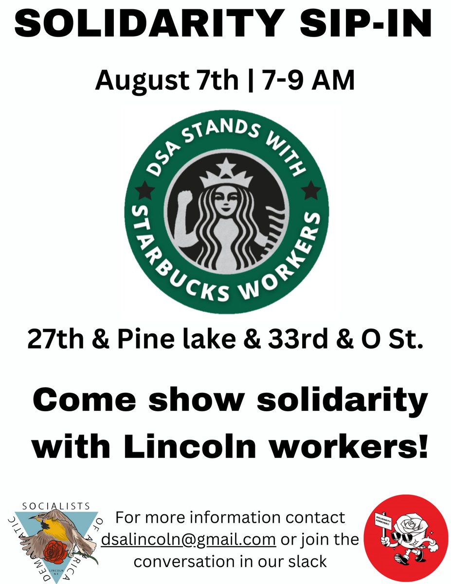 DSALincolnNE's tweet photo. Join DSA and ALF-CIO tomorrow morning for another Starbucks sip-in supporting the Lincoln Starbucks workers forming a union! https://t.co/dvGnWzP10B