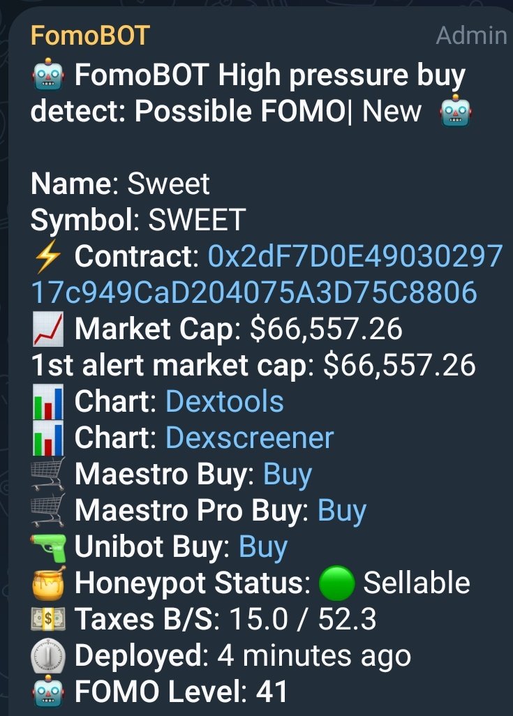 Solairecrypto's tweet image. #Fomobot having a great day. Called $sweet 4 minutes after Launch at 66k mcap and it Spiked to 2m Afterwards. 30x in 40minutes.