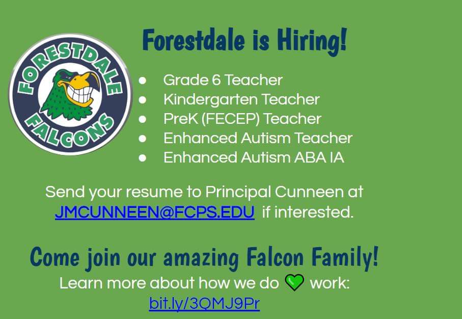 DrLTate's tweet photo. We have some exciting new opportunities at Forestdale. If you know someone looking for an amazing school home filled with passionate, caring, and collaborating educators, please have them contact me! Thanks in advance! https://t.co/rS4UNdquUh