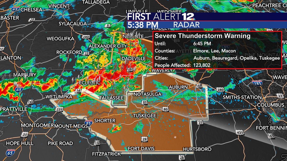 NickGunterWX's tweet photo. FIRST ALERT: Severe T-Storm Warning for Elmore, Lee and Macon Counties until 6:45 PM (8/6/2023). Damaging winds 60+ MPH, heavy rain and frequent lightning are the primary threats with this storm. #WSFA #firstalert12 https://t.co/Pm4bfz4XsM