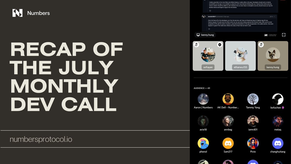 Hey #NumArmy 👋

Did you miss the July Monthly Dev Call?
Don't fret a recap is here to keep you posted

A lot was shared, questions were answered and novel updates were brought to light

#NumbersProtocol #NumArmy