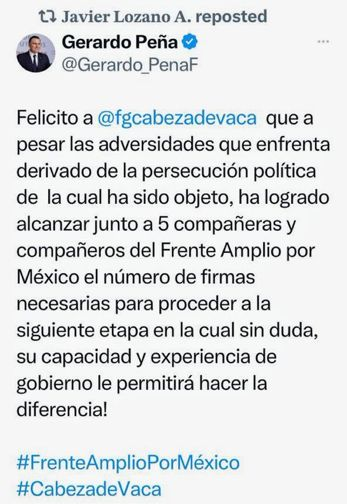 Mis más sinceras felicitaciones a <a href="/fgcabezadevaca/">Fco. Cabeza de Vaca</a> por haber logrado el objetivo de alcanzar el número de firmas estipuladas para ser aspirante a candidato del @ComiteFAM ¡Vamos por más para que nos representes en el próximo proceso electoral! ¡Enhorabuena!