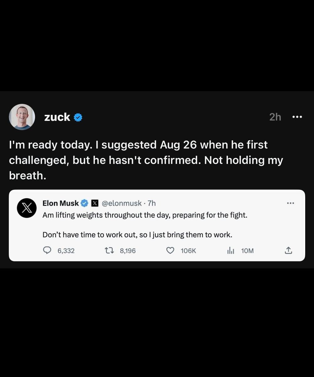 CultureCrave's tweet image. Mark Zuckerberg says he's ready to fight right now but he hasn't heard back from Elon Musk 

"Not holding my breath"