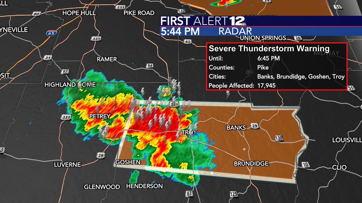 NickGunterWX's tweet photo. FIRST ALERT: Severe T-Storm Warning for Pike County until 6:45 PM (8/6/2023). Damaging wind 60+ mph, heavy rain and frequent lightning are the primary threats with this storm. #WSFA #firstalert12 https://t.co/cO63gitUAH