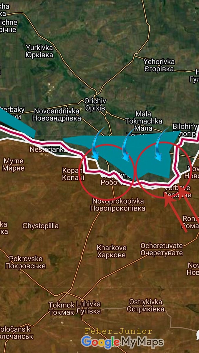 Feher_Junior's tweet photo. ZAPORIZHIA FRONT
🔸️Robotyne.
  The fact that the Armed Forces are advancing in this direction is no surprise to anyone.
Fighting is taking place east of the village of Robotyne for a section of the Rabotyne-Verbovoye road. There is no change in the direction of Tokmak
Unexpectedly, the orcs began to counterattack northwest of the village of Verbovoye, the Russian troops launched a series of counterattacks. The Armed Forces of Ukraine storm the main line of defense. Positional battles continue.
🔸️🤷A tragic state of emergency has occurred at the front in the Zaporozhye region: the Russian army has covered its own with fire, Rashists complain The accident took place near Robotyne, two sources from the General Staff told us. A group of our servicemen changed into Ukrainian uniforms and wanted to go behind enemy lines to "make a stir there." This group was recorded by our own UAV, mistaken for servicemen of the Armed Forces of Ukraine and inflicted an artillery strike. As a result of inconsistency in actions, 32 people were killed by "friendly fire". The troubles did not end there, after the impact the enemy revealed the positions of Ukrainian artillery and covered it with cluster shells. Another 19 people died, there are many injured, even seriously. The culprit of the tragedy was the commander, who forced the servicemen to change into Ukrainian uniforms and did not tell anyone anything. Soon after the artillery struck alone, he realized what he had done and defected from the positions, now they are looking for him.
🔸️Staromayorsky
In the Staromlynivka section of the Zaporizhzhia direction, the Armed Forces of Ukraine continue their counter-offensive actions. It occurs that the Ukrainian army managed to advance towards Volodyne and Urozhaine south of Staromayorsky.