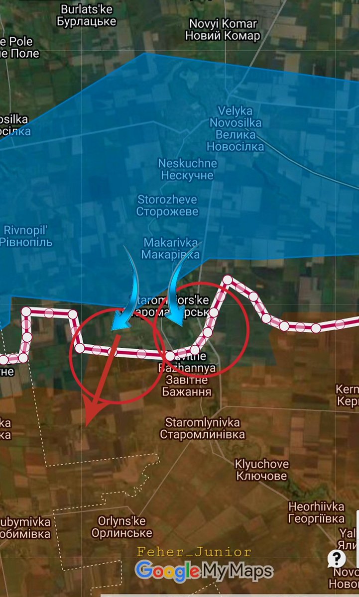 Feher_Junior's tweet photo. ZAPORIZHIA FRONT
🔸️Robotyne.
  The fact that the Armed Forces are advancing in this direction is no surprise to anyone.
Fighting is taking place east of the village of Robotyne for a section of the Rabotyne-Verbovoye road. There is no change in the direction of Tokmak
Unexpectedly, the orcs began to counterattack northwest of the village of Verbovoye, the Russian troops launched a series of counterattacks. The Armed Forces of Ukraine storm the main line of defense. Positional battles continue.
🔸️🤷A tragic state of emergency has occurred at the front in the Zaporozhye region: the Russian army has covered its own with fire, Rashists complain The accident took place near Robotyne, two sources from the General Staff told us. A group of our servicemen changed into Ukrainian uniforms and wanted to go behind enemy lines to "make a stir there." This group was recorded by our own UAV, mistaken for servicemen of the Armed Forces of Ukraine and inflicted an artillery strike. As a result of inconsistency in actions, 32 people were killed by "friendly fire". The troubles did not end there, after the impact the enemy revealed the positions of Ukrainian artillery and covered it with cluster shells. Another 19 people died, there are many injured, even seriously. The culprit of the tragedy was the commander, who forced the servicemen to change into Ukrainian uniforms and did not tell anyone anything. Soon after the artillery struck alone, he realized what he had done and defected from the positions, now they are looking for him.
🔸️Staromayorsky
In the Staromlynivka section of the Zaporizhzhia direction, the Armed Forces of Ukraine continue their counter-offensive actions. It occurs that the Ukrainian army managed to advance towards Volodyne and Urozhaine south of Staromayorsky.
