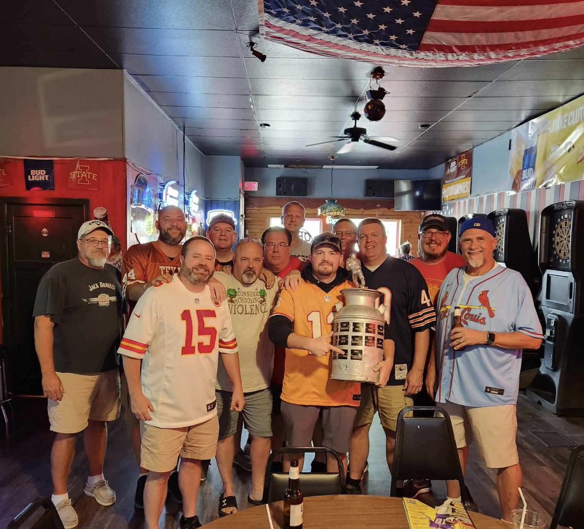AndyHallRadio's tweet photo. Year 35 for the League Of All Leagues - best #fantasyfootball league on TWO planets!!

Big thanks to Tony for being a hospitable and gracious host…

And to the citizens of Webster City, Iowa…apologies.

#LOAL https://t.co/frVZ6dvjjd
