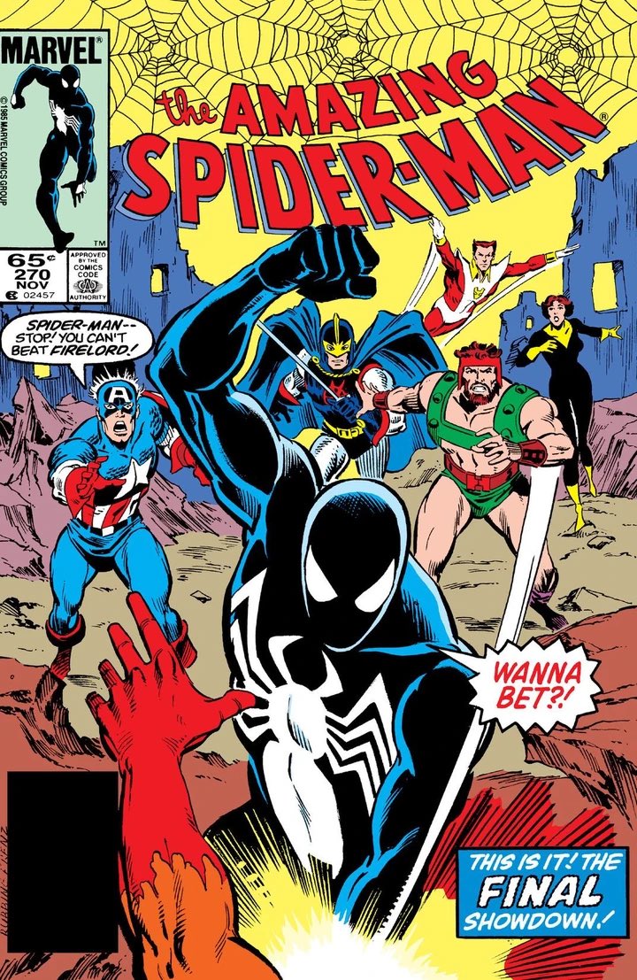 Web of Spider-Man #6 and ASM #268-270. The Beyonder turns a skyscraper into a solid gold (SMH Secret Wars II) and we the legendary knock down drag out #Spiderman v. Firelord battle. The Firelord issues are absolutely killer. #TomDeFalco #RonFrenz