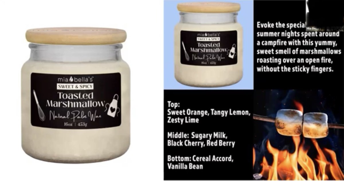 Our *New* Fragrance of the Month (FOTM) is… TOASTED MARSHMALLOW!!  😋🤩🥳. Here are the “Notes” of this Candle!  Contact me to Order OR Shop Online:  LoveTheseCandles.com … purchase $85 worth of products online &amp; receive a free Bag of Melts!