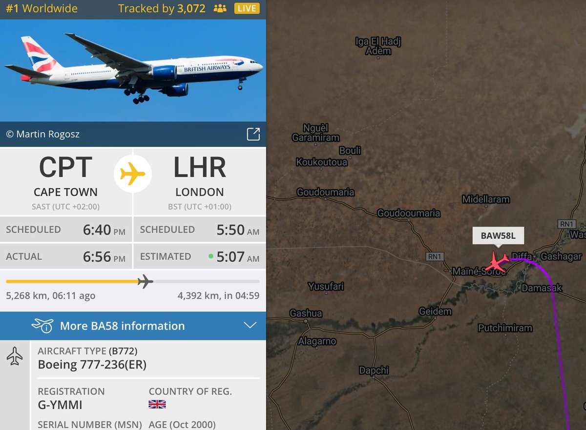 thenewarea51's tweet photo. A British Airways flt #BA58 (Boeing 777) has been advised to turnaround and return back to CPT - Cape Town, South Africa on its way to London due to situation in Niger. ACARS satellite message via @thebaldgeek website. Track via @flightradar24 https://t.co/2PO2ce1wQM https://t.co/2igTipZJIs