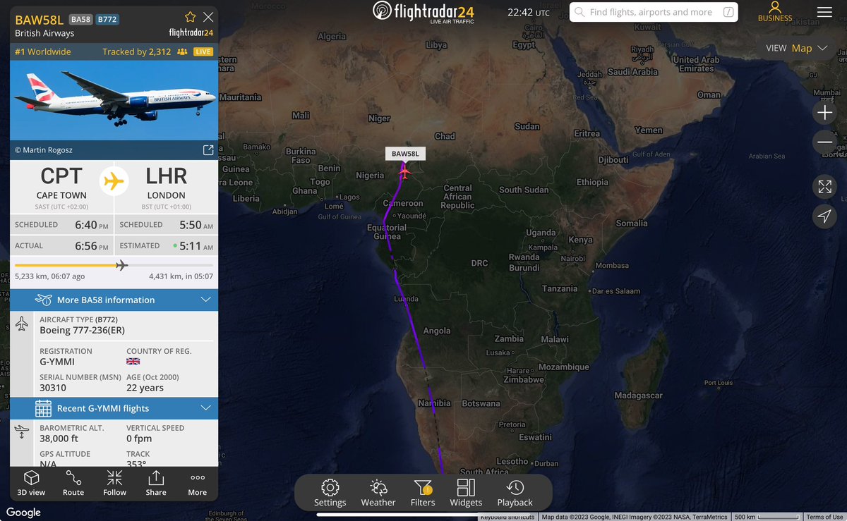 thenewarea51's tweet photo. A British Airways flt #BA58 (Boeing 777) has been advised to turnaround and return back to CPT - Cape Town, South Africa on its way to London due to situation in Niger. ACARS satellite message via @thebaldgeek website. Track via @flightradar24 https://t.co/2PO2ce1wQM https://t.co/2igTipZJIs