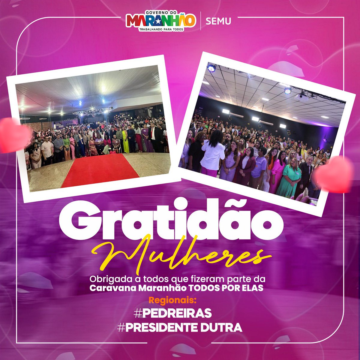 💜 A passagem da  Caravana Maranhão TODOS POR ELAS, nos dias 3 e 4 de agosto em Pedreiras e Presidente Dutra foi incrível!

Representantes de diversos poderes, Secretarias parceiras, palestrantes e a sociedade civil organizada se juntaram a nós e fizeram bonito nesse momento
