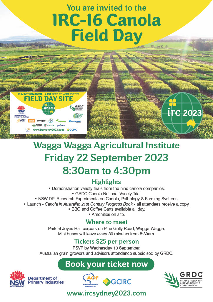 Come along to the International Rapeseed Congress field day at Wagga Wagga. @NSWDPI_AGRONOMY @GRDCNorth Register now at: ircsydney2023.com/irc-2023/growe…