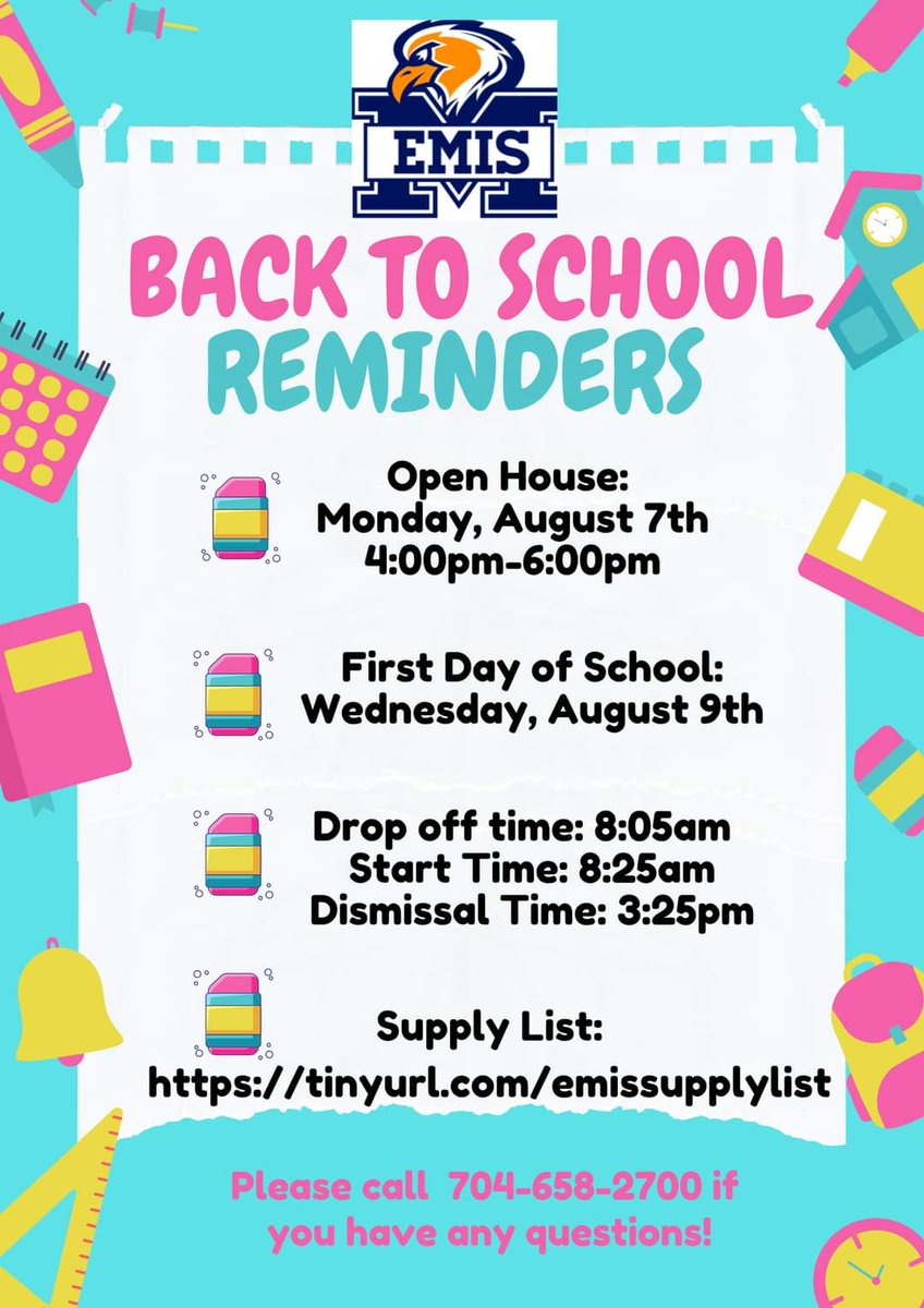 EdLeaderMrsB's tweet photo. Some back-to-school reminders for EMIS and MIS families!!! 
#EMISEagles #BeABobcat #AnAPDivided #WeAreMooresville  💙 https://t.co/akB2dSFp90