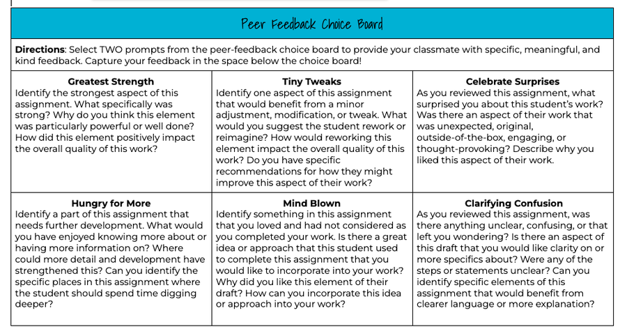 "Peer feedback is most effective when it is focused and comes with clear guidelines. A choice board, like this one below helps to provide students with a sense of agency," says educator <a href="/KatieNovakUDL/">Katie Novak</a>: