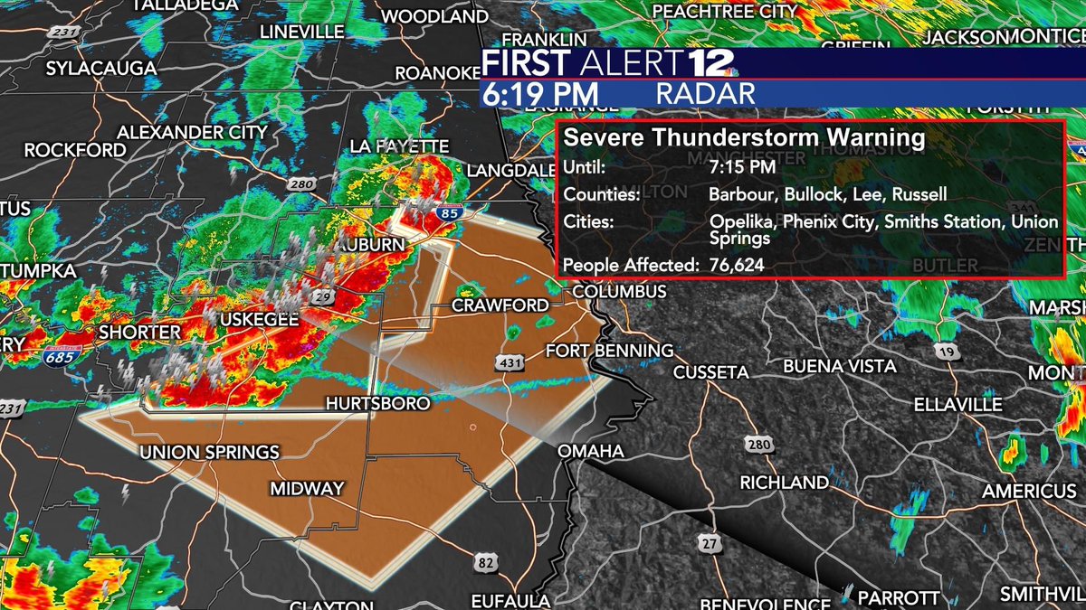 NickGunterWX's tweet photo. FIRST ALERT: Severe T-Storm Warning for Barbour, Bullock, Lee and Russell Counties until 7:15 PM (8/6/2023). Damaging winds 60+ mph, heavy rain and frequent lightning are the primary threats. #WSFA #firstalert12 https://t.co/IglZJ9Nifr
