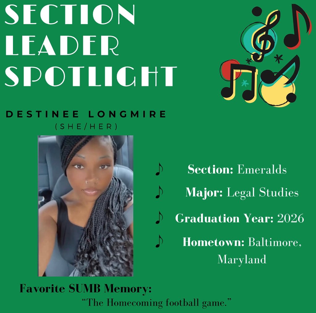 Our Section Leader Spotlight for today goes to Destinee! Destinee is our third and final captain of our emeralds for this season, and she is majoring in legal studies. More Section Leader Spotlights to come. #stevensonuniversity #stevensonuniversitymarchingband #sectionleaders