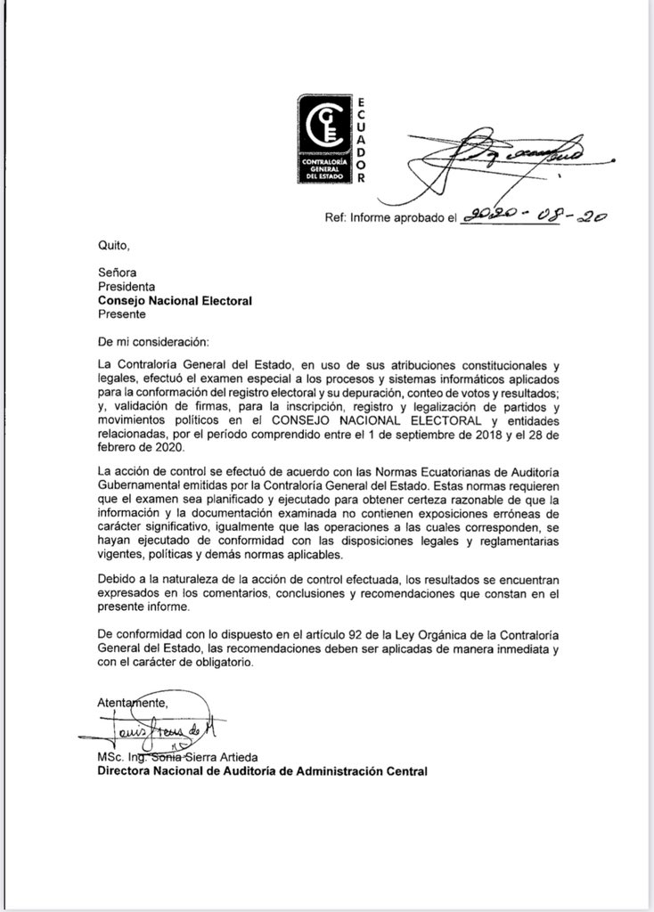 janethinostroza's tweet photo. La campaña de Marlon Puertas en mi contra, tuvo algo positivo. Logró la atención de miles de personas,  sobre otro de los temas que a nadie le interesa: cómo nos roban los votos.  

Adjunto el resumen de la Auditoría #0054 de la CGE,  al sistema de conteo de votos del CNE. Fecha 20/08/2020. Tiene 2 páginas. Léanlas 🙏🏻 y hagan sus propias conclusiones.

Este es el resumen de 1 de las 4 auditorías, realizadas por técnicos de la CGE. Las recomendaciones q son de obligatorio cumplimiento, no fueron aplicadas por el CNE. 

Diana Atamaint y Enrique Pita, consultados sobre este tema, niegan la existencia de estas auditorías. ¿Por qué? 

En la historia del periodismo mundial, hay entrevistas que grandes periodistas, le han hecho a grandes delincuentes. Han revelado información impactante, desconocida, incómoda, indispensable, etc. Información de distinta índole, que al poder le interesa mantener oculta. 

En el caso que hoy nos compete, la verdad es esta: En este país ganan las elecciones los que tienen el poder, no los que tienen los votos.  

Tres periodistas ya me pidieron la información de las auditorías. Dos son de provincia y uno de influencia nacional. Con esto ya me doy por ganadora de esta batalla virtual.  

Gracias Marlon 😉👍@lahistoriaec 

Fin de la discusión.
