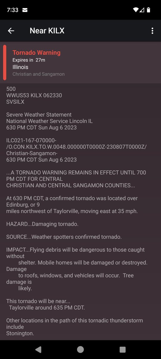 ChrisChasing91's tweet photo. Severe Weather Statement National Weather Service Lincoln IL 630 PM A TORNADO WARNING REMAINS IN EFFECT UNTIL 700
PM CDT FOR CENTRAL
CHRISTIAN AND CENTRAL SANGAMON COUNTIES...
At 630 PM CDT, a confirmed tornado was located over
Edinburg, or 9
miles northwest of Taylorville. https://t.co/ROVThKRhkh
