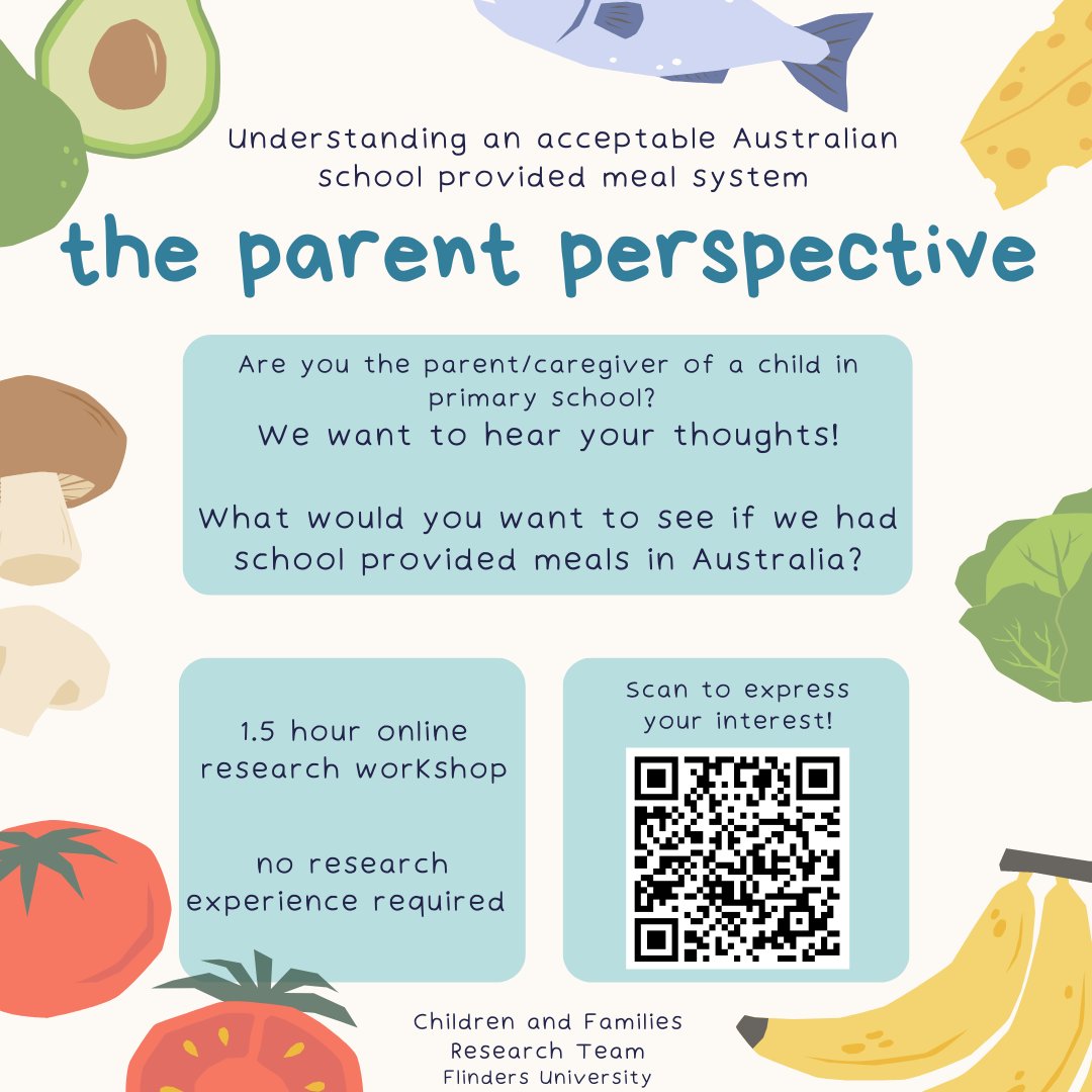 Researchers at Flinders University want to hear from parents/caregivers on a #schoolmeal system in Australia 🍽️🥪🏫

Follow the link or scan the QR code if you are interested in participating in a workshop!

qualtrics.flinders.edu.au/jfe/form/SV_4T…