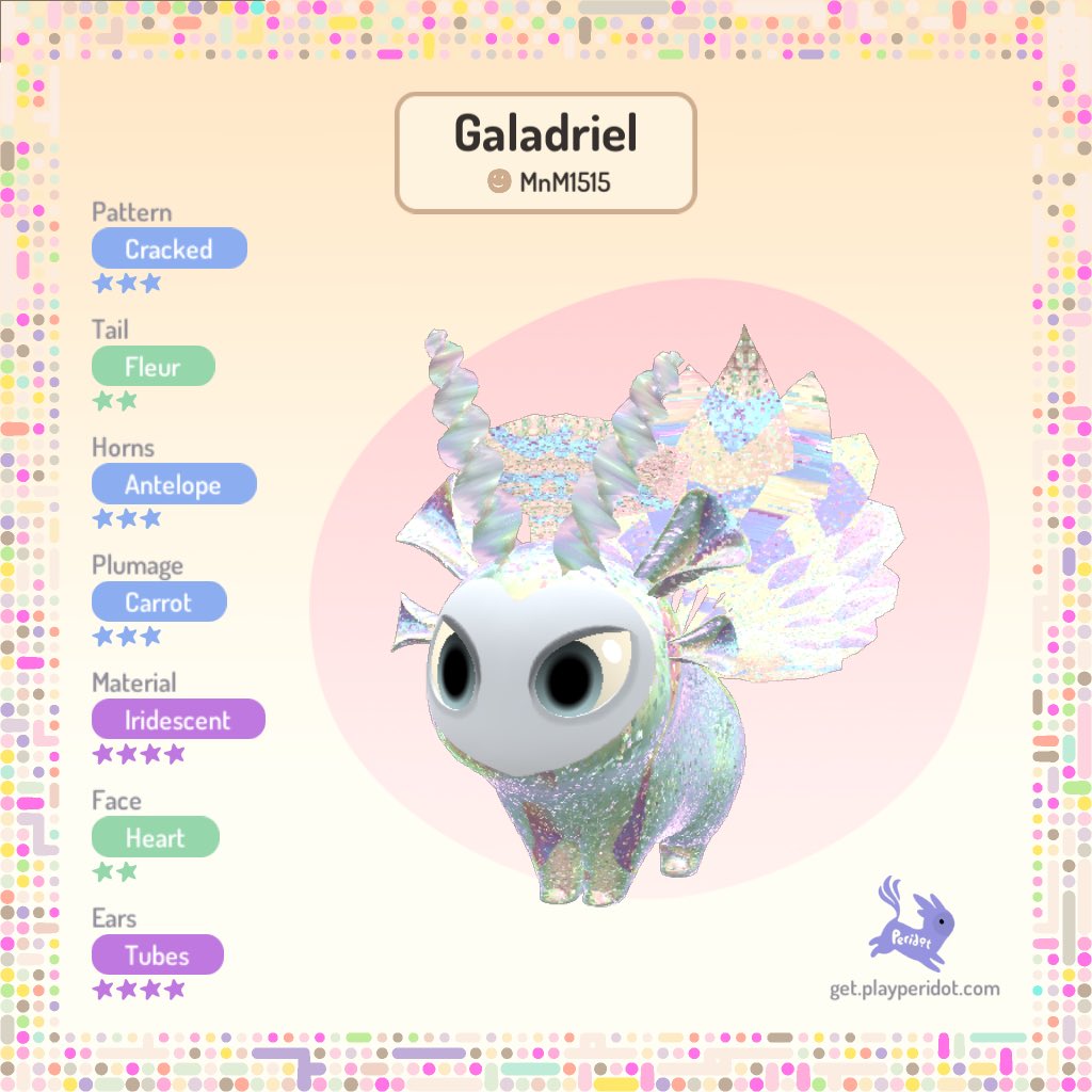 Mgrain15's tweet photo. Meet Galadriel, one of my hatches from community day! I hatched them on a whim, but so happy I did! I love how the iridescent trait turned out with the antelope horns and tube ears! @playperidot #playperidot https://t.co/oYXVtvZxLz