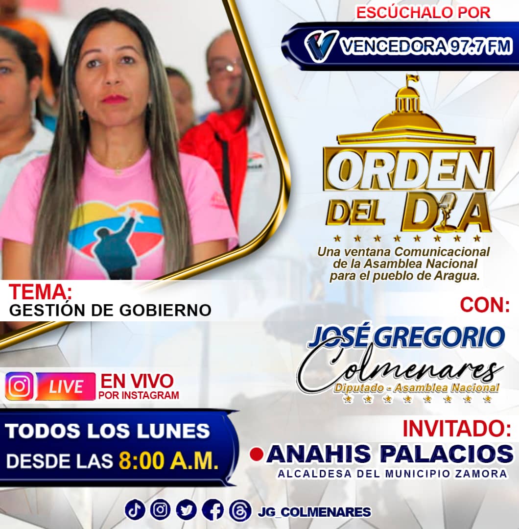 JG_COLMENARES's tweet photo. ¡Mañana los esperamos en su programa Orden Del Día! 

Contaremos con la participación de la alcaldesa del municipio Zamora, @cheanahis, abordando temas de interés para nuestro pueblo.

Los esperamos mañana por @Vencedora977. https://t.co/U8hPXp3732