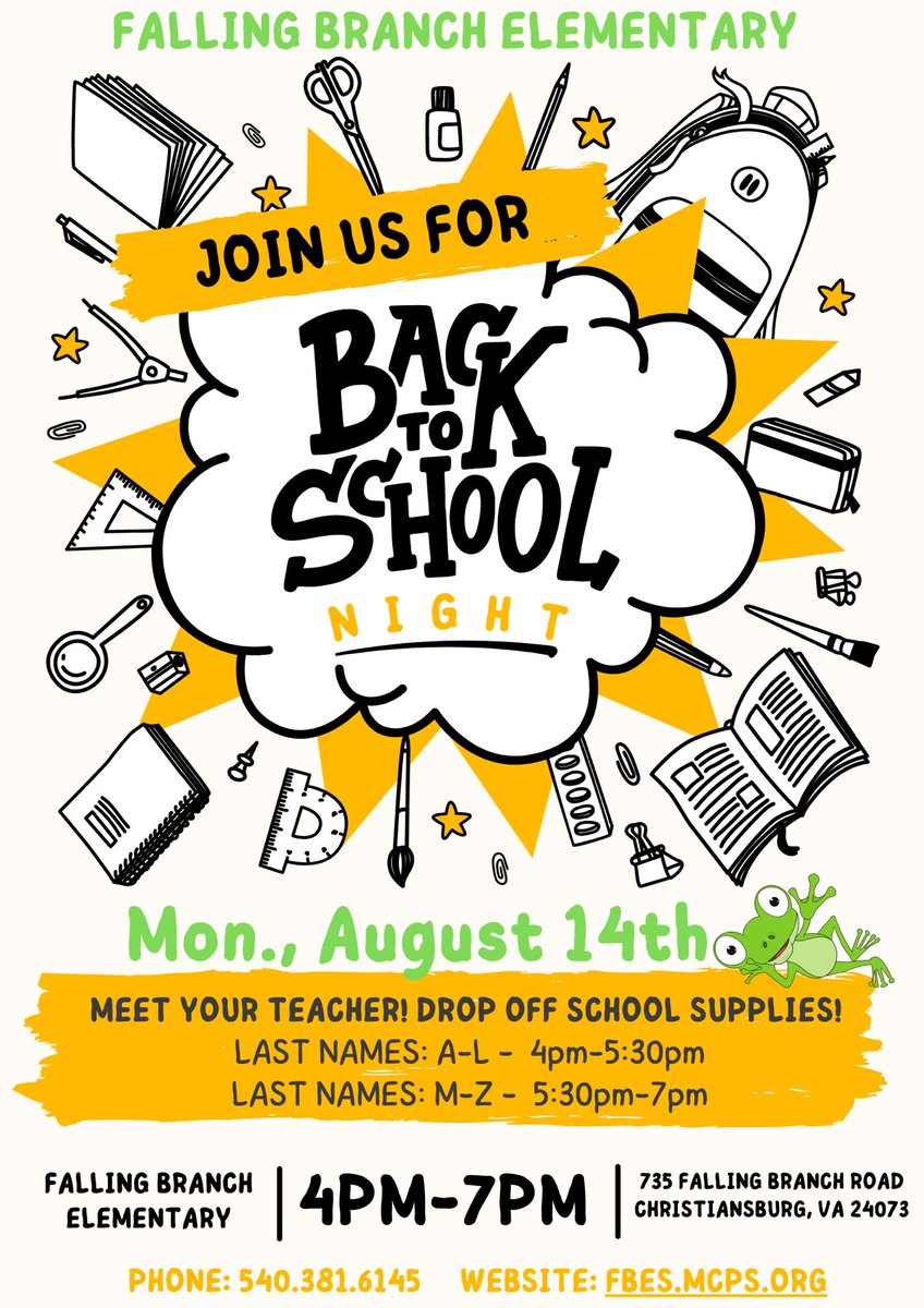 Coming Soon!!! Our FBE Back-to-School Night will be on Monday, August 14th. 

Come out on Aug. 14th to meet your teacher and drop off supplies! ✏️✂️🖍️

Last Names: A-L 4pm-5:30pm
Last Names: M-Z 5:30pm-7pm

Mark your calendar! ✍️ 🗓️