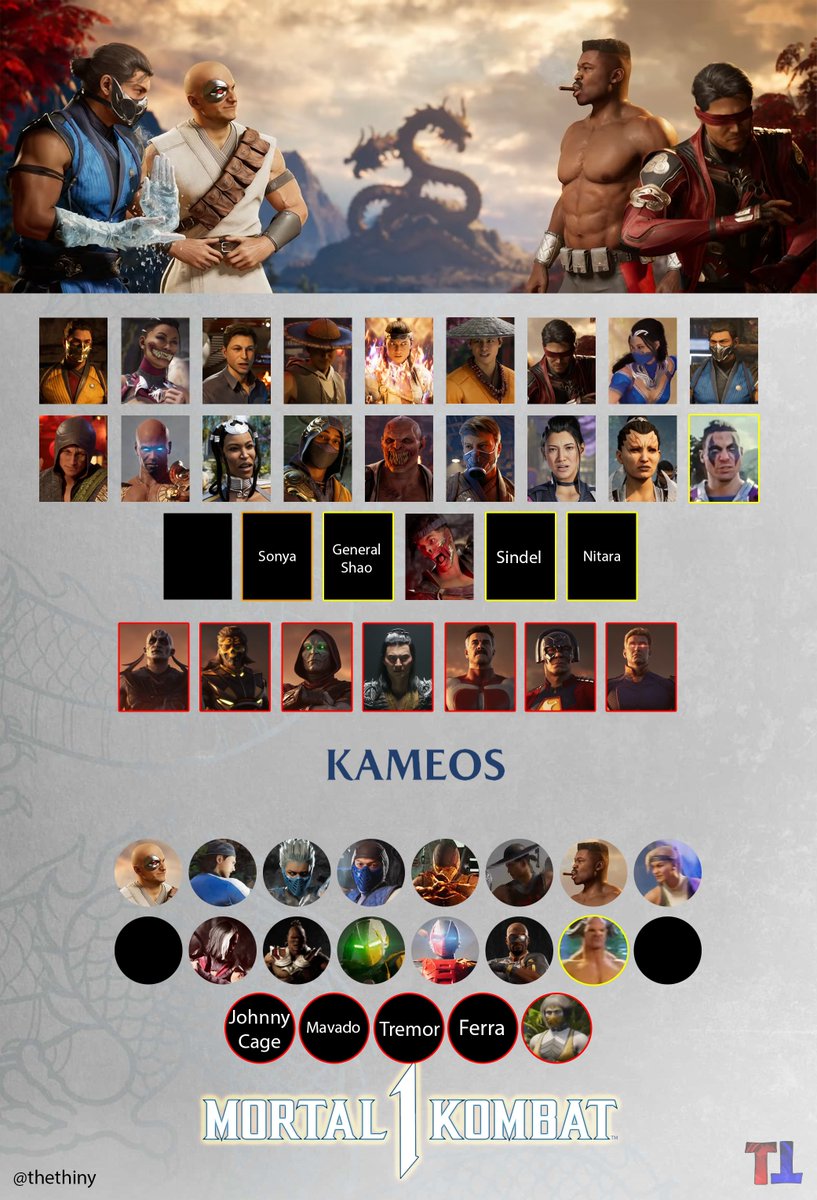 thethiny's tweet image. Mortal Kombat 1 Confirmed Roster so far including leaks. Updated to include Reptile, Havik, Ashrah, and Sareena.
Yellow = Confirmed Leak
Orange = Unconfirmed Leak
Red = DLC

#MK1 #MortalKombat1
