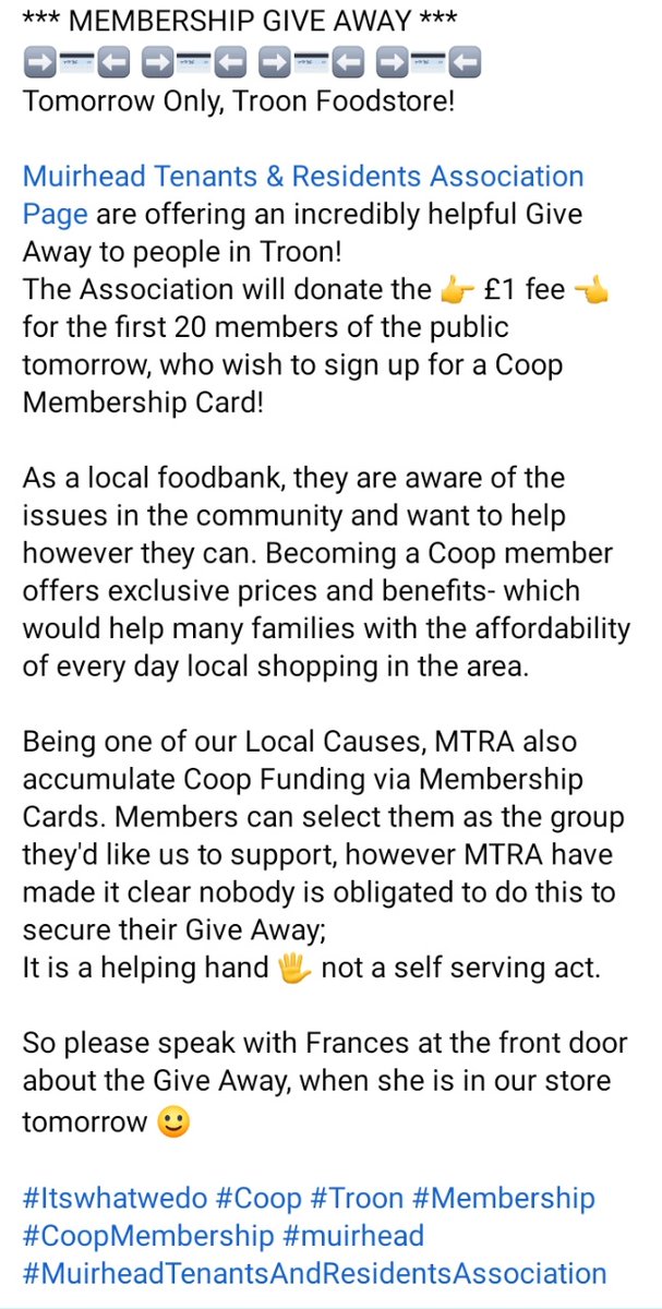 CoopMPTroon's tweet photo. MTRA Foodbank are covering @coopuk £1 Membership fee of 20 random members of the public tomorrow! ➡️💳⬅️
No obligations, or strings attached- just helping you to access affordable groceries in your community!
@gilliancMPC @Tom_MPM
#Itswhatwedo #Troon #alittlehelp https://t.co/Uzj0yxAYVl