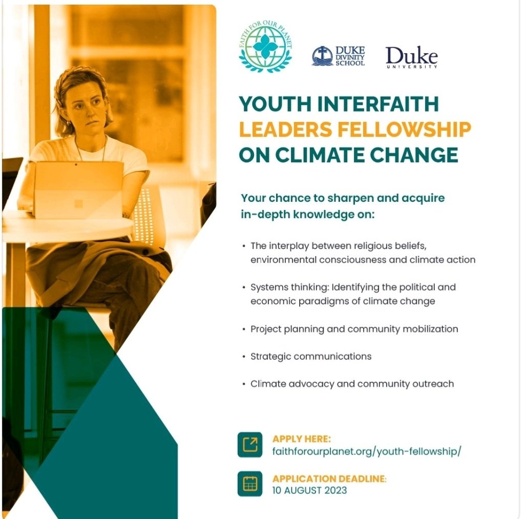 ⏰ Calling climate-conscious youth leaders! Join @FaithForOurPlanet & Duke University for a fully-funded program. Jan 8-14, 2024. Apply: rb.gy/12xit

 #ClimateLeaders #YouthProgram #ClimateActio