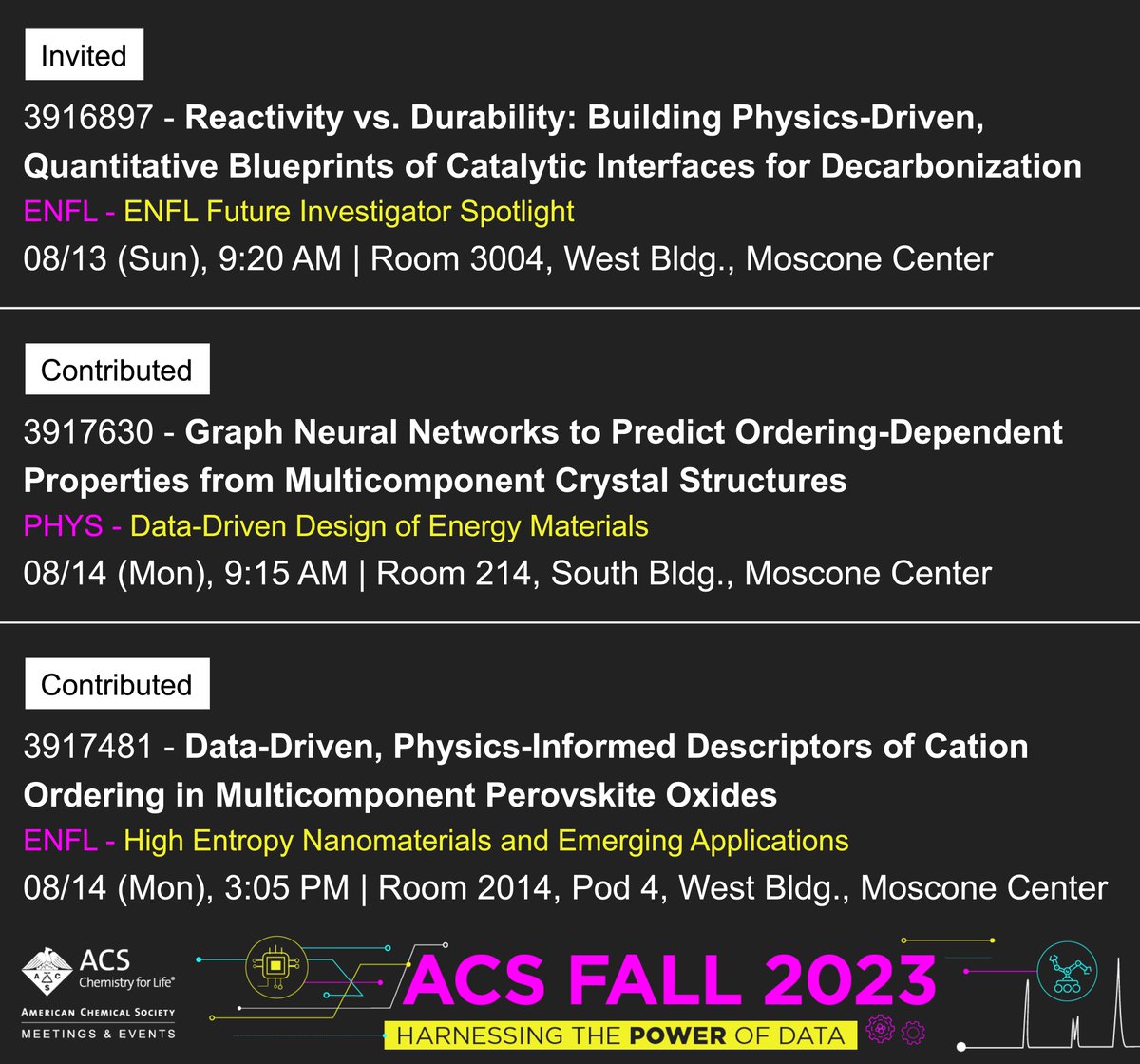 peng_jiayu's tweet photo. Excited for the #ACSFall2023 meeting! I'll give an invited talk at @ACS_ENFL's Future Investigator symposium, and two talks about understanding and inferring orderings in multicomponent oxides using materials physics and machine learning in big- and small-data settings. ✈️⚡️⚛️🤖 https://t.co/1EeNaqqHqc