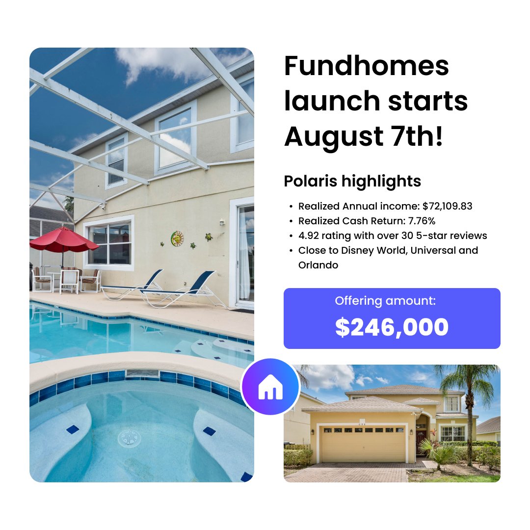 fundhomes's tweet photo. The day is here! Fundhomes launches tomorrow 8/7 to non-accredited investors! Our first property Polaris is located in Orlando near Disney World and Universal Studios, and you can become a shareholder for as little as $100! 

https://t.co/RG7KBG2vkg
#investing #realestate #airbnb https://t.co/VcQG2wtm7U
