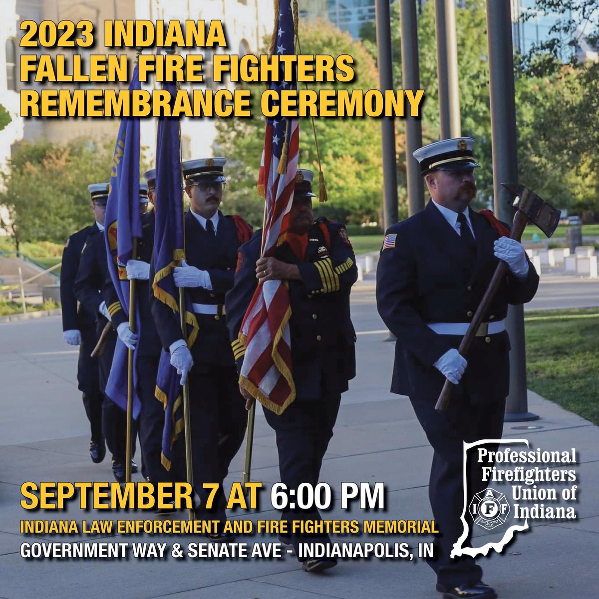 Join us Sept. 7, for the 2023 Indiana Fallen Fire Fighters Annual Remembrance Ceremony. The ceremony will be held at the Indiana Law Enforcement and Fire Fighters Memorial in Indianapolis. We will honor the memory of 11 fire fighters who lost their lives in the line of duty.