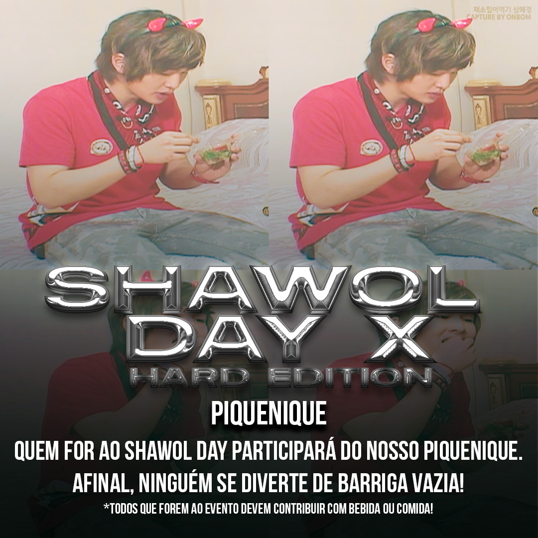 [SHAWOL DAY X] Teremos um piquenique com toda a galera que comparecer ao evento. Pedimos que cada um leve algo para contribuir. Quem puder, também pode levar canga para se sentar. 

Para participar do Shawol Day, clique no link:
forms.gle/EkKEVF7fpicCv7…