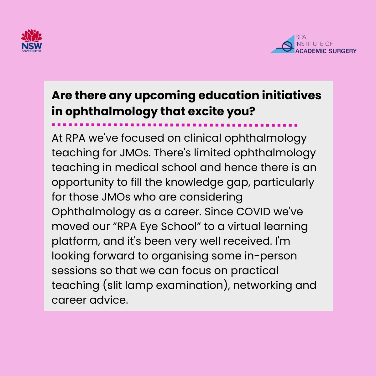 Institute of Academic Surgery (@rpa_ias) on Twitter photo This month we’re spotlighting Dr Jay Yohendran, the education lead for #ophthalmology at the RPA Institute of Academic Surgery.
 
Jay is an advocate for #mentorship in #surgery and champions teamwork. We asked him some questions about this, so have a read below. 
#advice #mentor This month we’re spotlighting Dr Jay Yohendran, the education lead for #ophthalmology at the RPA Institute of Academic Surgery.
 
Jay is an advocate for #mentorship in #surgery and champions teamwork. We asked him some questions about this, so have a read below. 
#advice #mentor