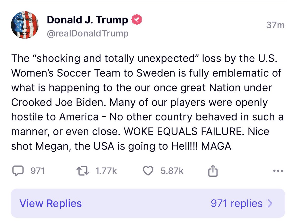 alexbruesewitz's tweet photo. President Trump on the #USWNT losing today “WOKE EQUALS FAILURE.”

So true! https://t.co/7SWDfdknbk