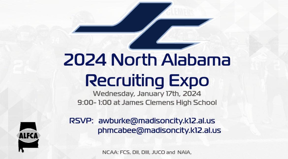 The ALFCA North Alabama recruiting expo will be held by James Clemens football on January 17th, 2024. Can’t wait to host some of the best coaches in the state to try and find opportunities for our student athletes. Spread the word and we’ll see you in January! #GoJets